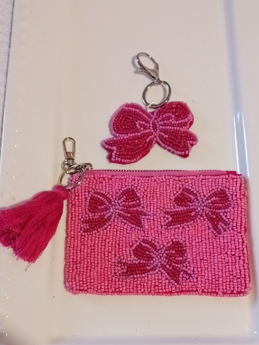 Pink Beaded Bow 🎀Coin Purse with Tassel Keychain & Beaded Bow Bag Charm 🎀